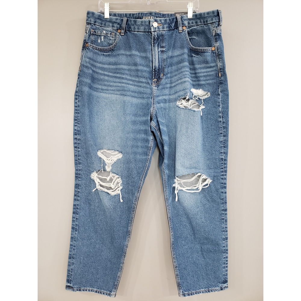 NEW AMERICAN EAGLE Stretch Curvy Mom Jean Super High Rise Strigid BLUE 20 SHORT
